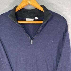 Calvin Klein Mens XXL Italian Merino Wool 1/4‎ Zip Pullover Sweater Blue